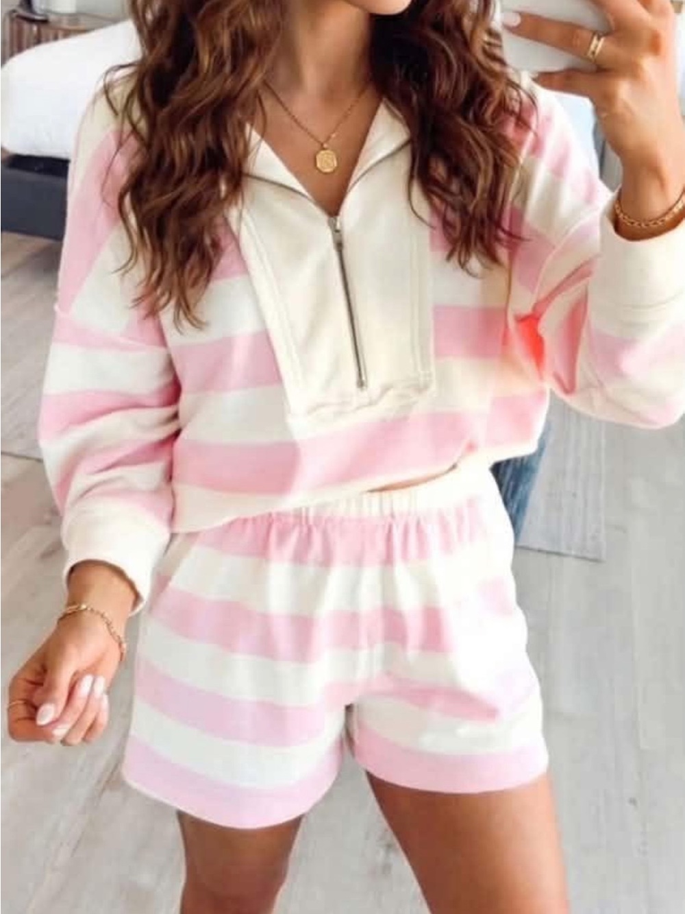 Pink & White Striped Zip Pullover Lounge Set FP look alike XL